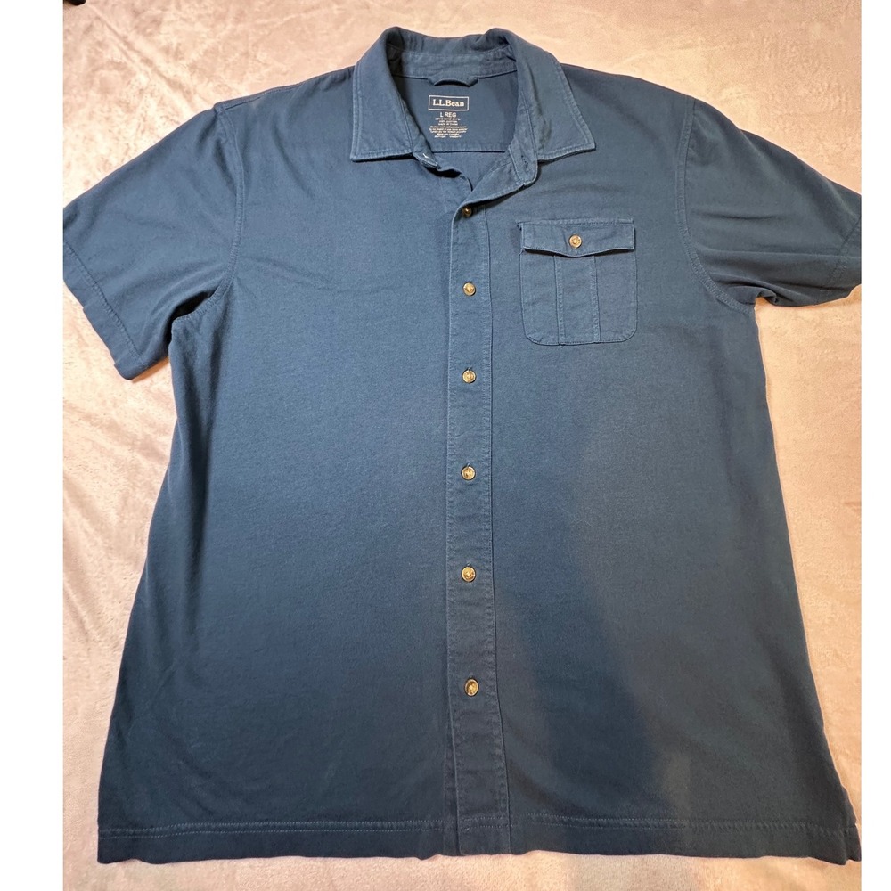 LL Bean Mens Large Blue Cotton Short Sleeve Button Down Shirt Pocket Golf